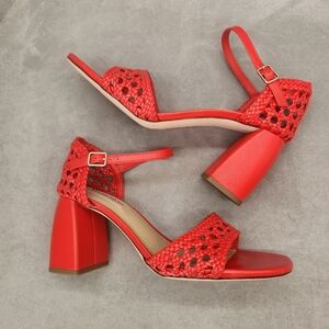 Antonio Melani Heeled Sandals 9.5 Scarlet Red Woven Leather Gretel Boho New $140